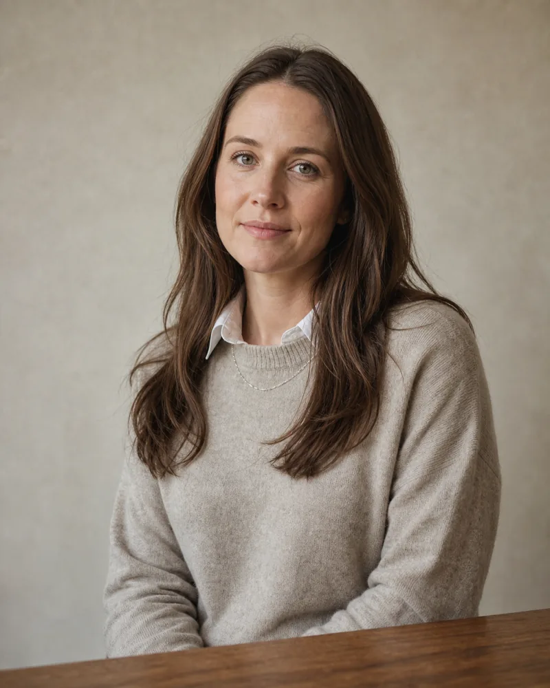 Editorial portrait of Hannah Pemberton, a white English woman in her early thirties with long mid-brown hair and a slim silver chain necklace