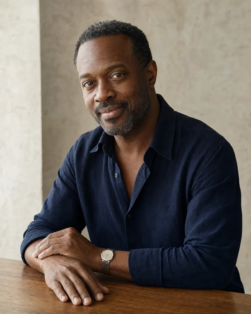 Editorial portrait of Joseph Wainwright, a Black British man of Caribbean heritage in his late forties with short grey-flecked hair and a navy linen shirt